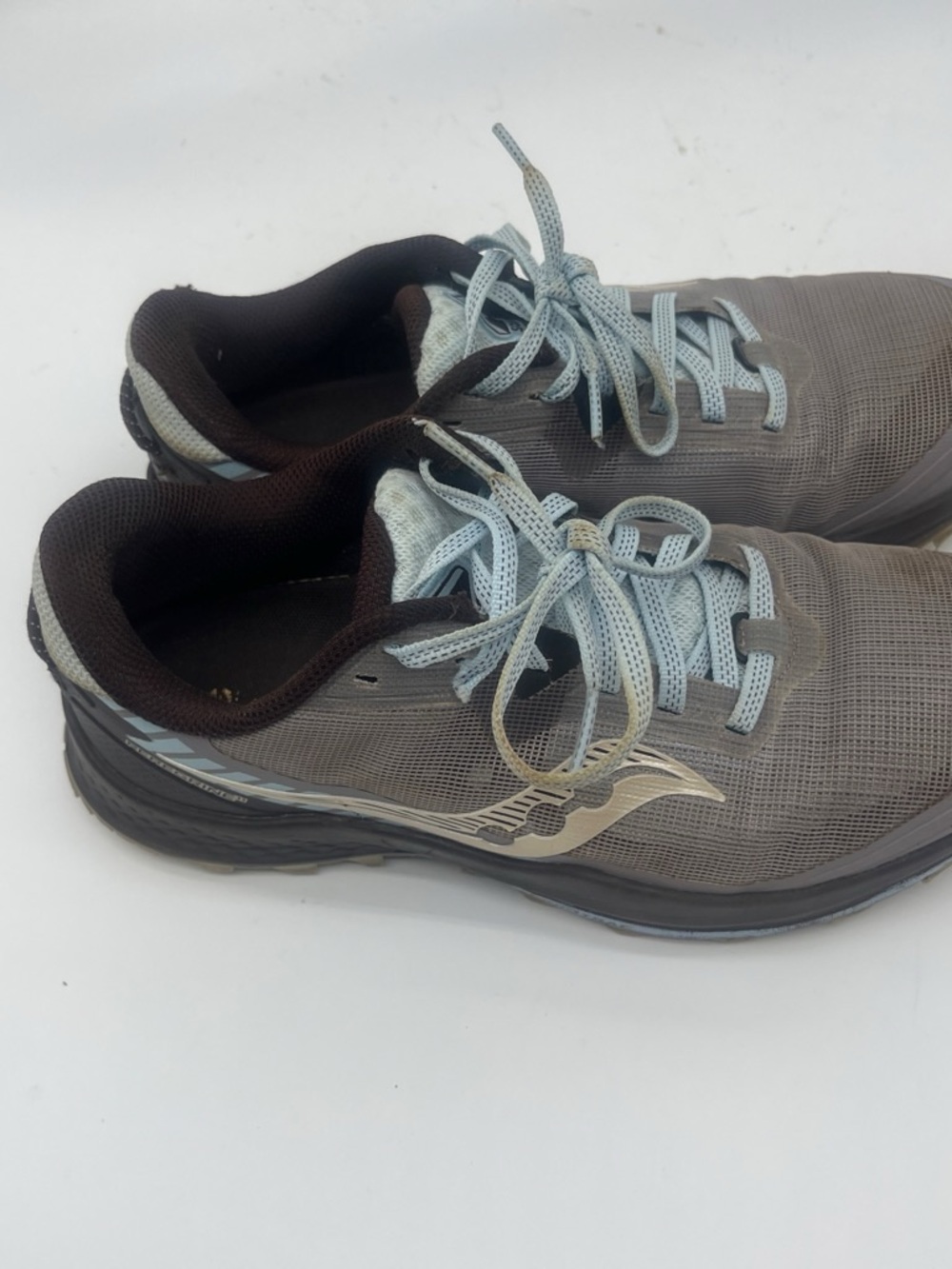 Women SAUCONY trail Gray Athletic Running Shoes with Light Blue Laces